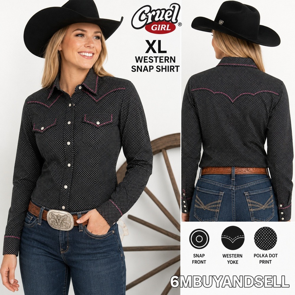 Cruel Girl Western Snap Shirt XL Black Polka Dot Pink Stitch CT21243003 Cowgirl